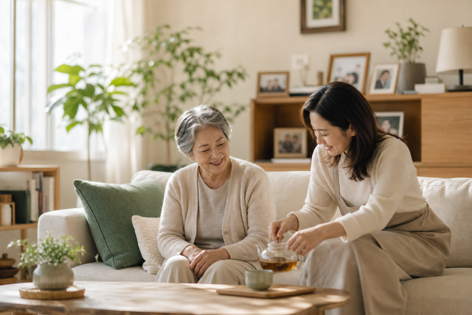 家人在客廳中為長輩倒茶,呈現日常陪伴與照護的溫暖情境